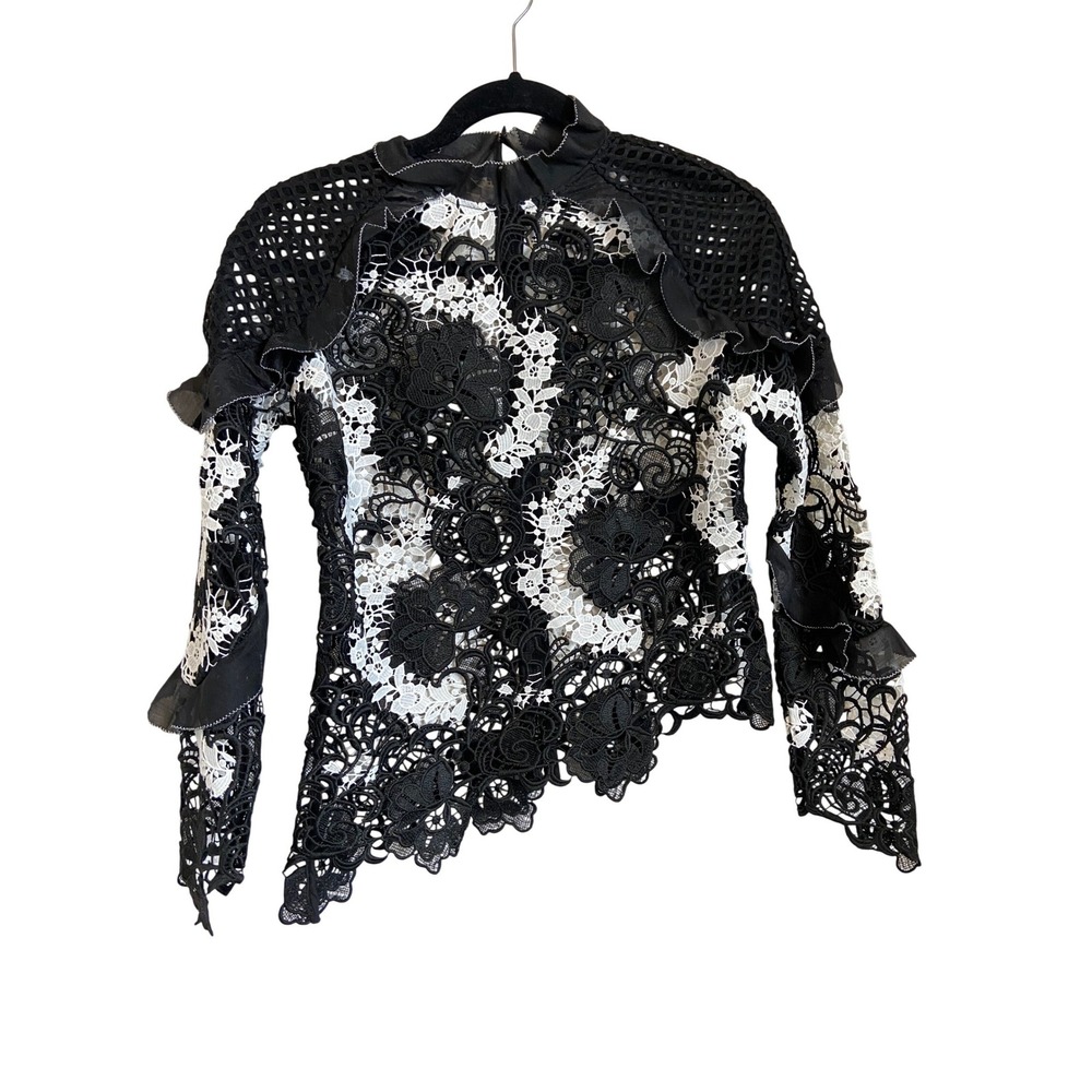 Self-Portrait‎ Black White Floral Lace Asymmetrical Ruffle Top US Size 4